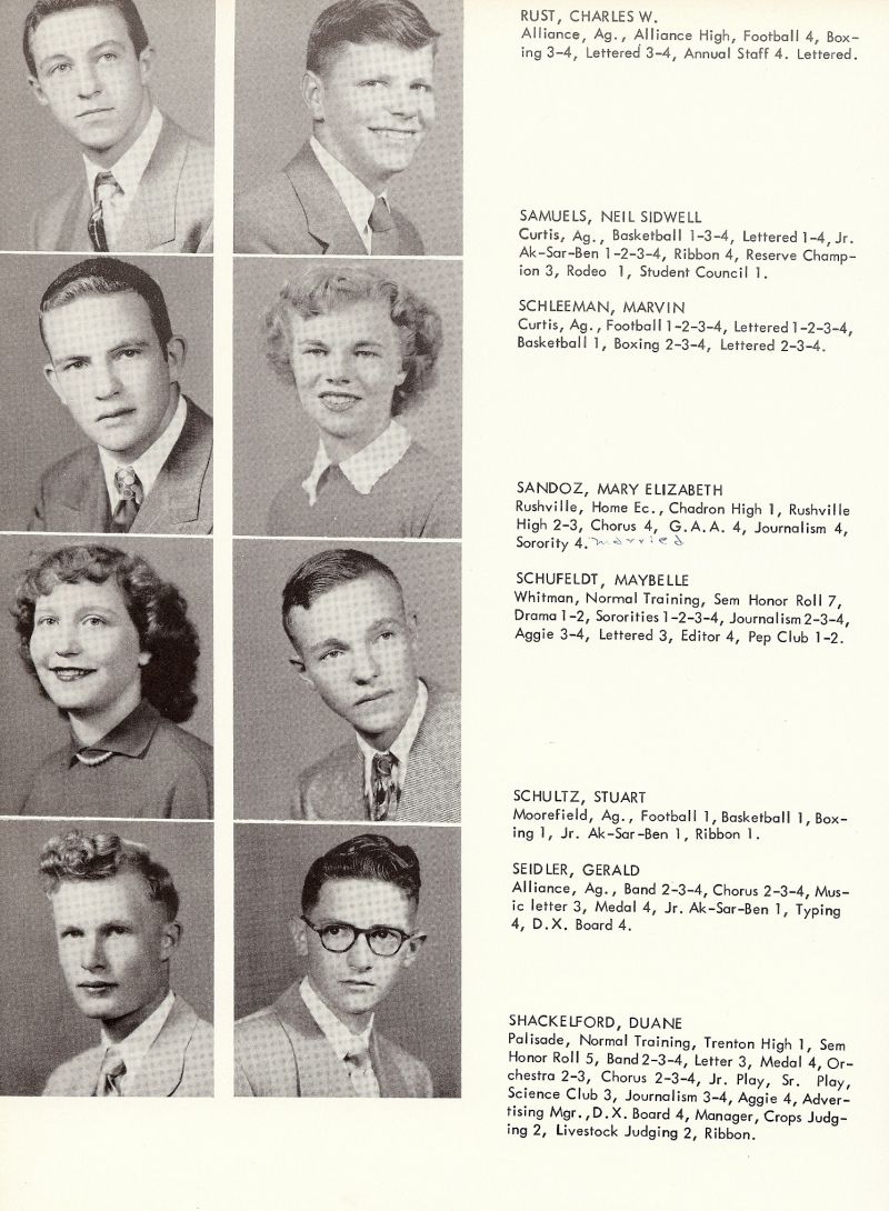 1952 Charles Rust, Neil Samuels, Marvin Schleeman, Mary Sandoz, Maybelle Schufeldt, Stuart Schultz, Gerald Seidler, Duane Shackelford,