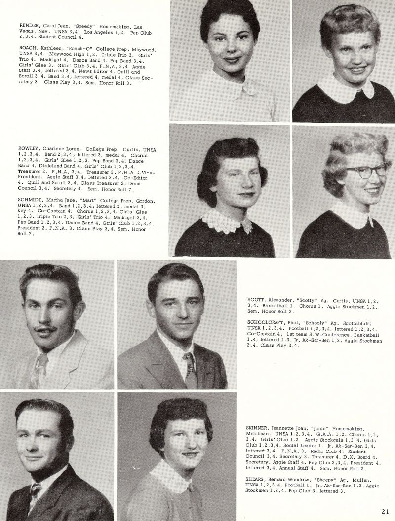 1956 Carol Render, Kathleen Roach, Charlene Rowley, Martha Schmidt, Alexander Scott, Paul Schoolcraft, Jeannette Skinner, Junie Skinner, Bernard Shears,